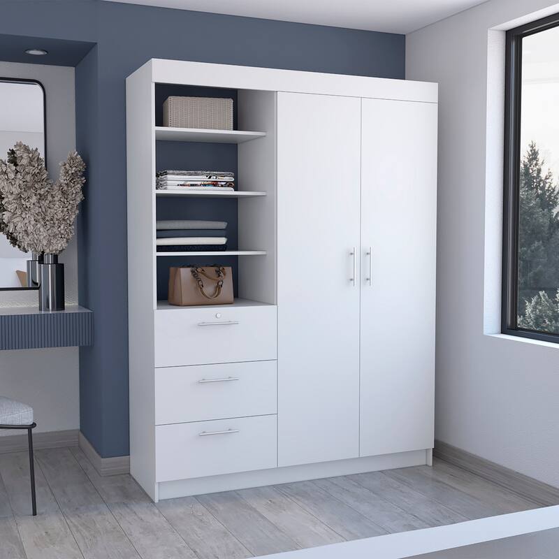 Large Double Door Storage Wardrobe with 3 Drawers and Open Shelves for